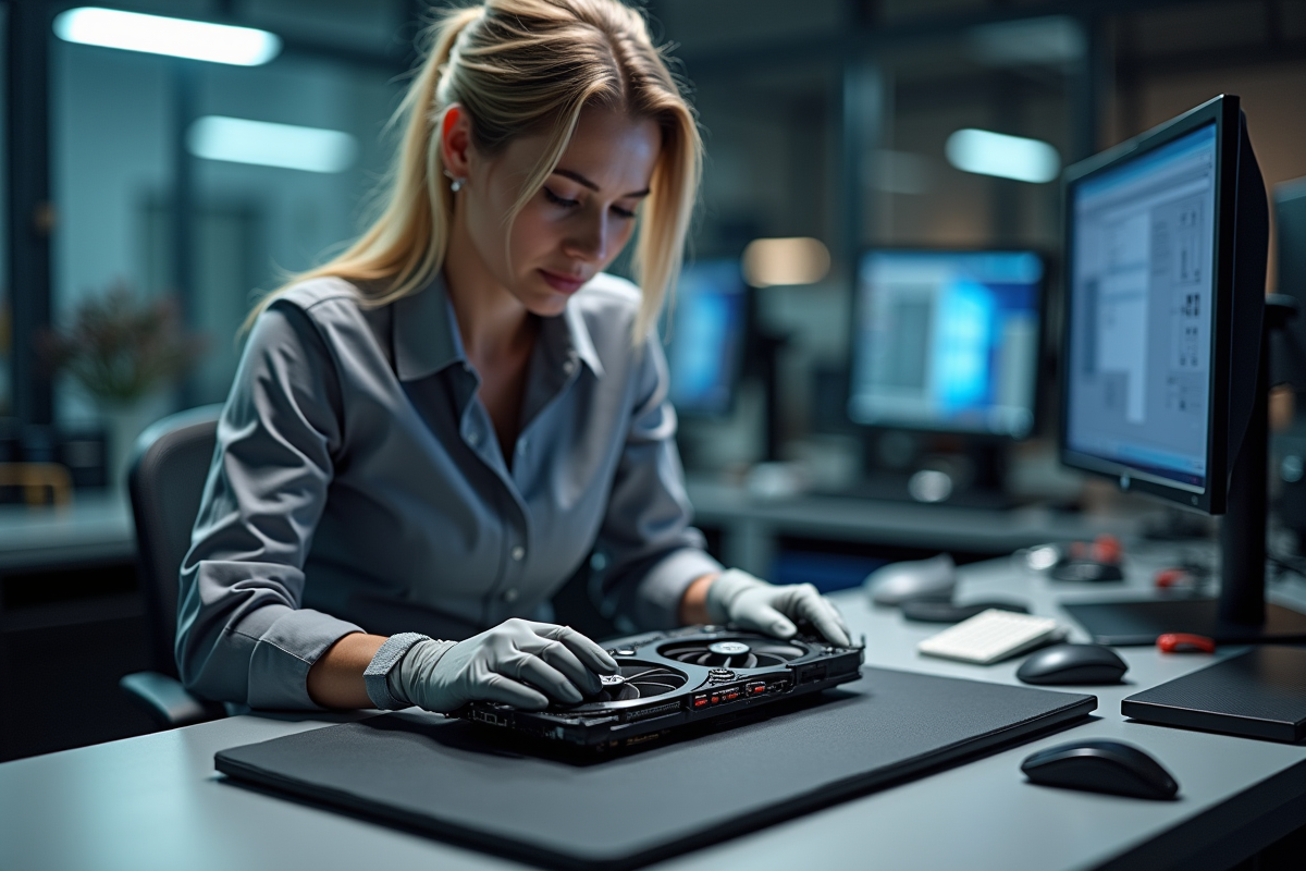 Technicien installant une carte graphique dans un laboratoire high-tech