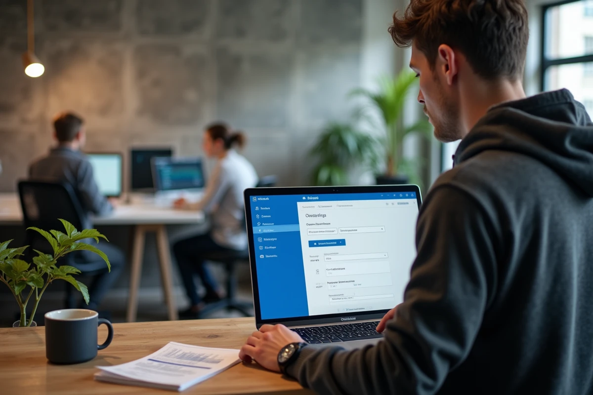 Technicien informatique paramétrant Outlook sur un ordinateur portable dans un espace de coworking avec guide de configuration webmail
