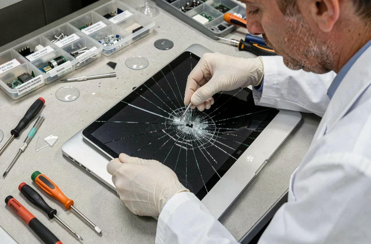 Technicien en blouse blanche inspectant un écran de MacBook fissuré sur un établi de réparation informatique professionnel