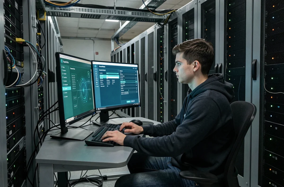 Technicien informatique configurant une politique de sécurité des mots de passe sur un poste de travail dans une salle serveur professionnelle