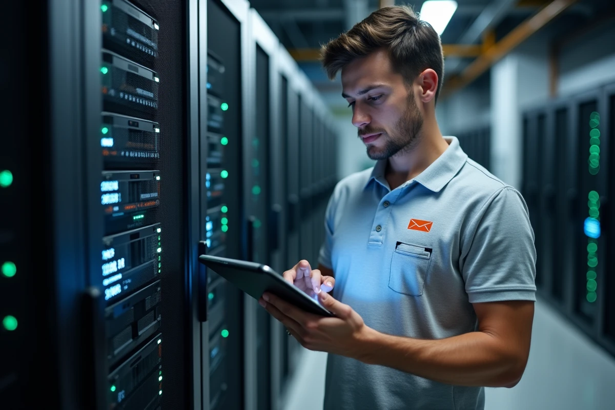 Technicien informatique contrôlant la sécurité d'un compte webmail sur une tablette dans une salle serveur