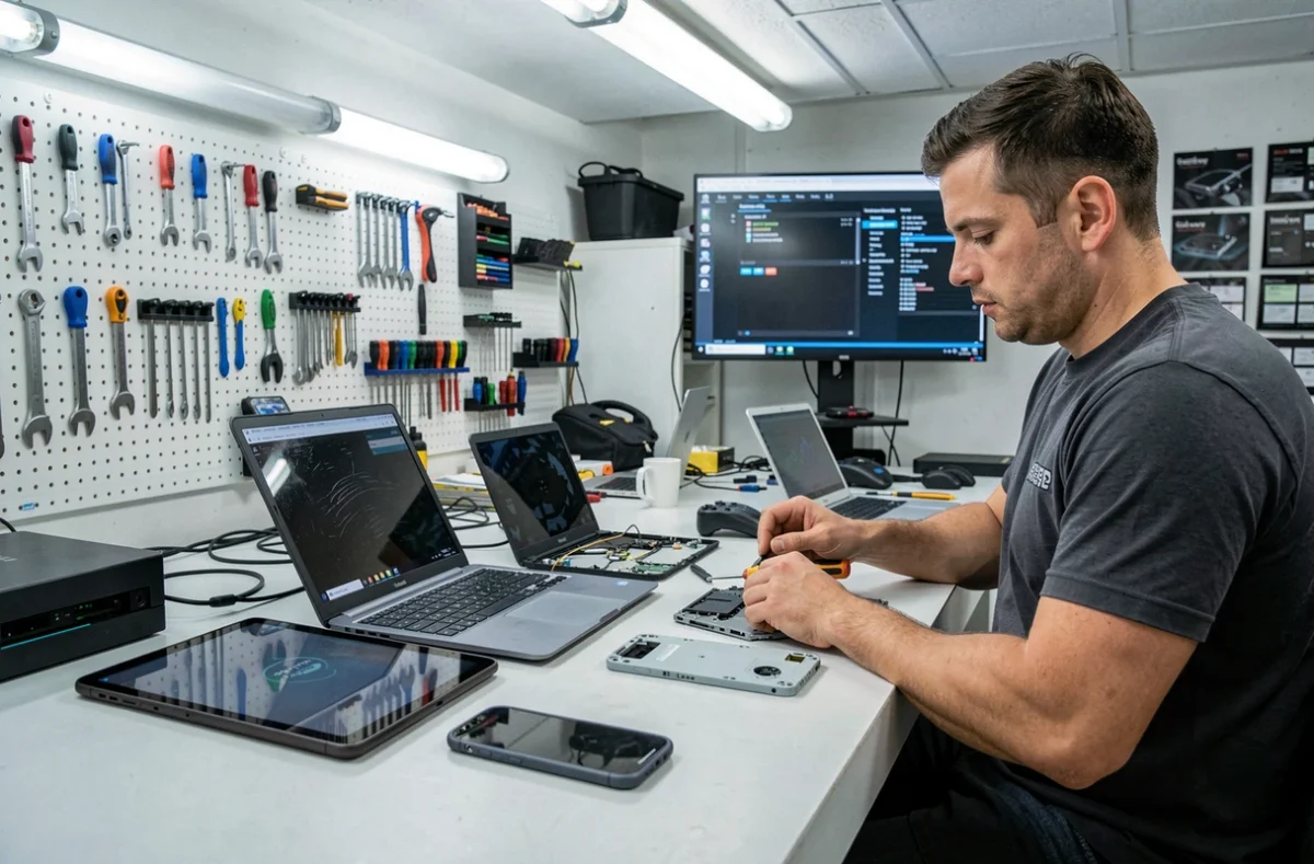 Technicien Technofix réparant simultanément plusieurs appareils informatiques à Lyon