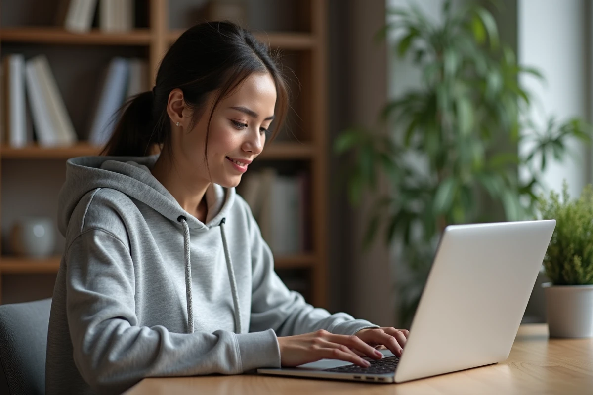 Jeune femme téléchargeant une vidéo YouTube sur son ordinateur portable depuis un bureau à domicile
