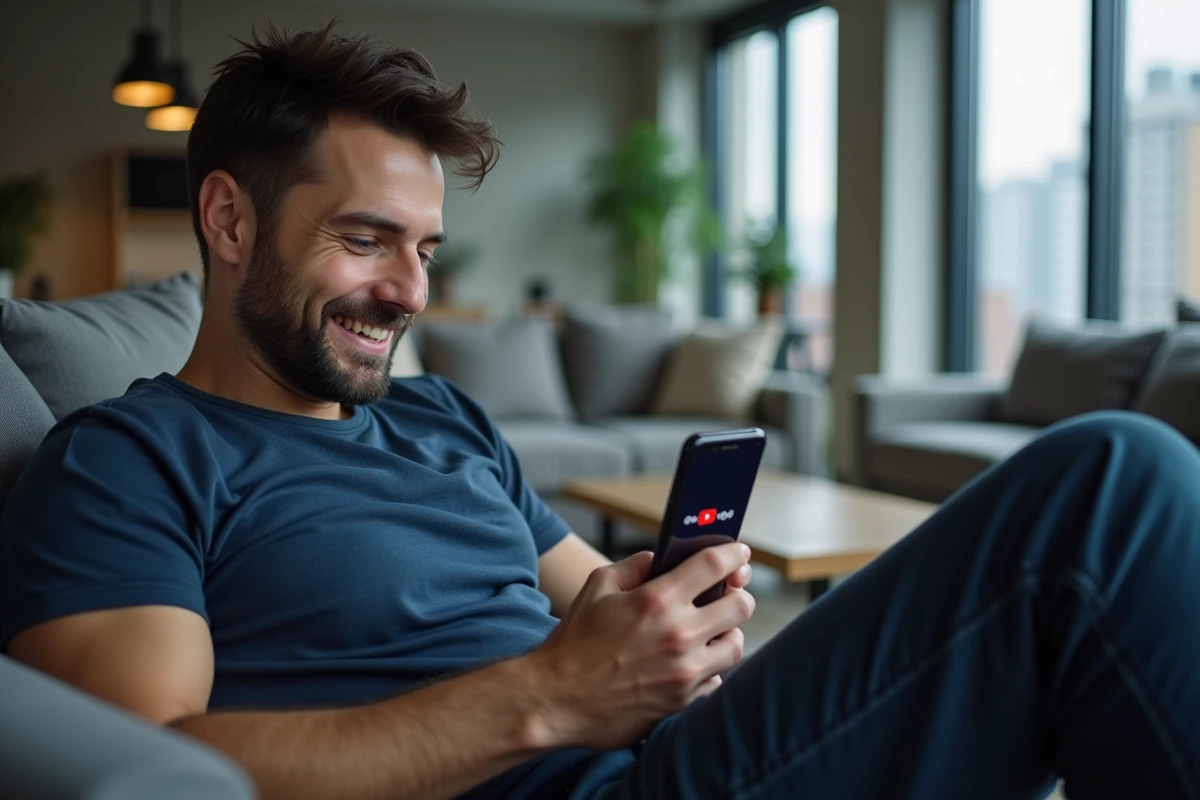 Homme utilisant son smartphone pour télécharger des vidéos YouTube sans limitation dans un salon moderne