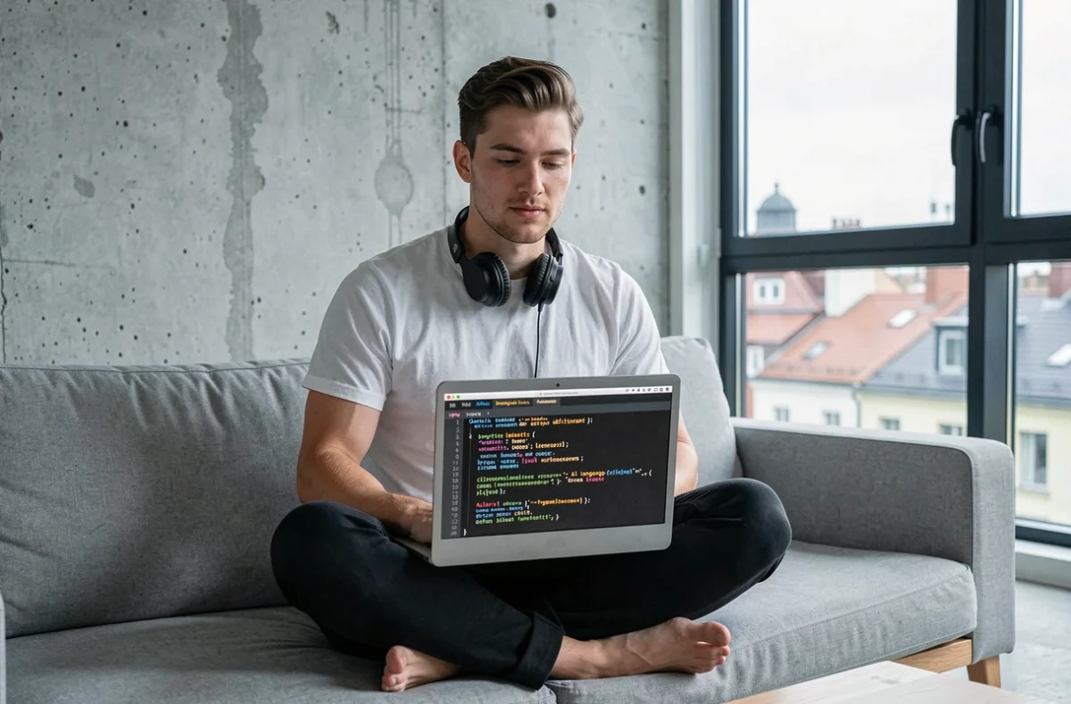 Jeune homme utilisant un terminal en ligne de commande pour télécharger et configurer un modèle d'IA en mode hors ligne sur son ordinateur portable