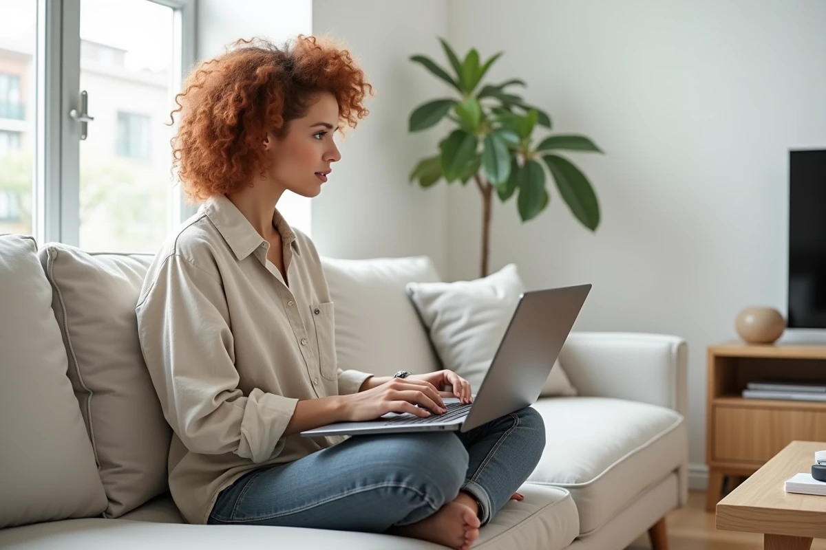 Femme parcourant la communauté CGI gpeers sur son ordinateur portable dans un salon minimaliste lumineux et contemporain