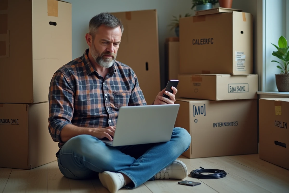 Homme vérifiant l'éligibilité internet SFR sur un ordinateur portable au milieu d'un déménagement