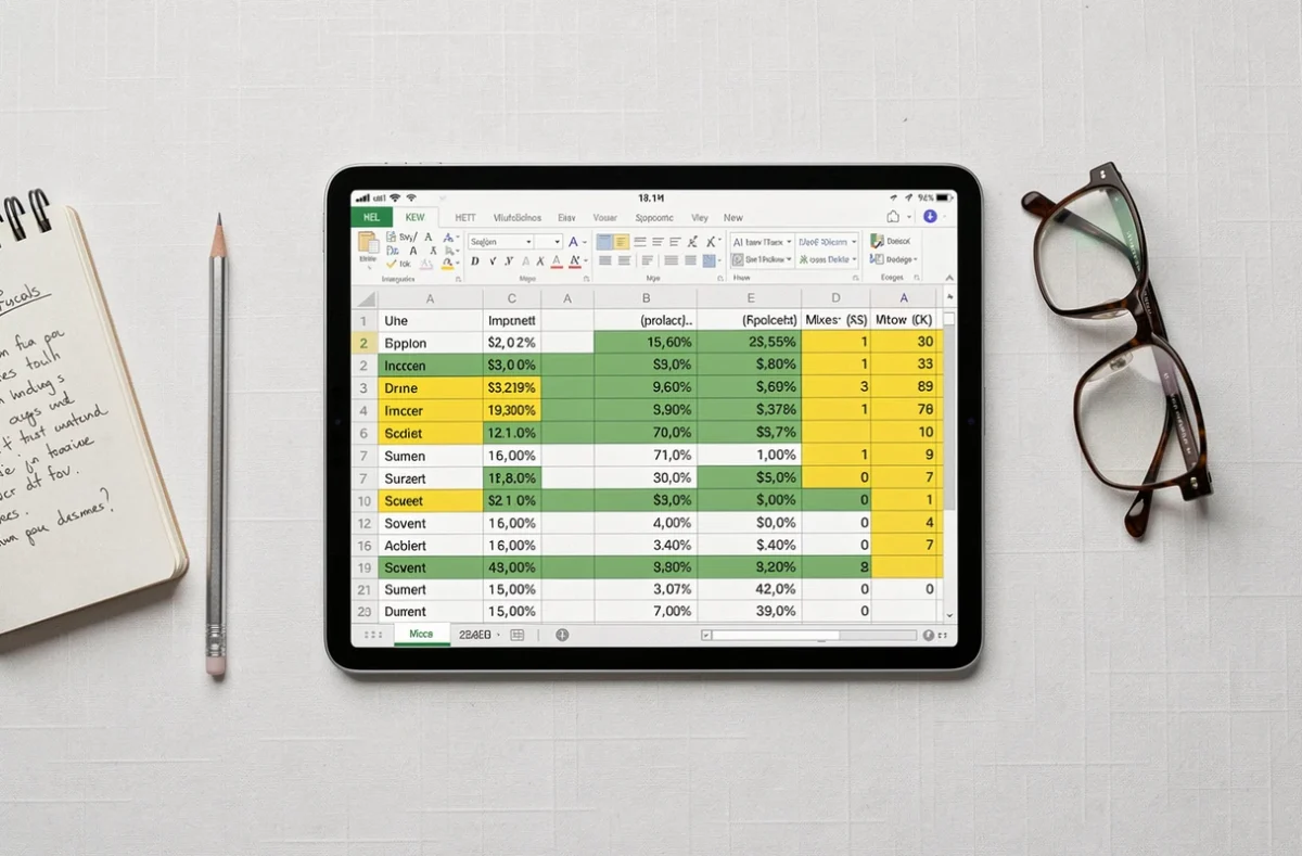 Vue aérienne d'une tablette affichant des formules Excel de calcul d'augmentation en pourcentage pour la révision des prix