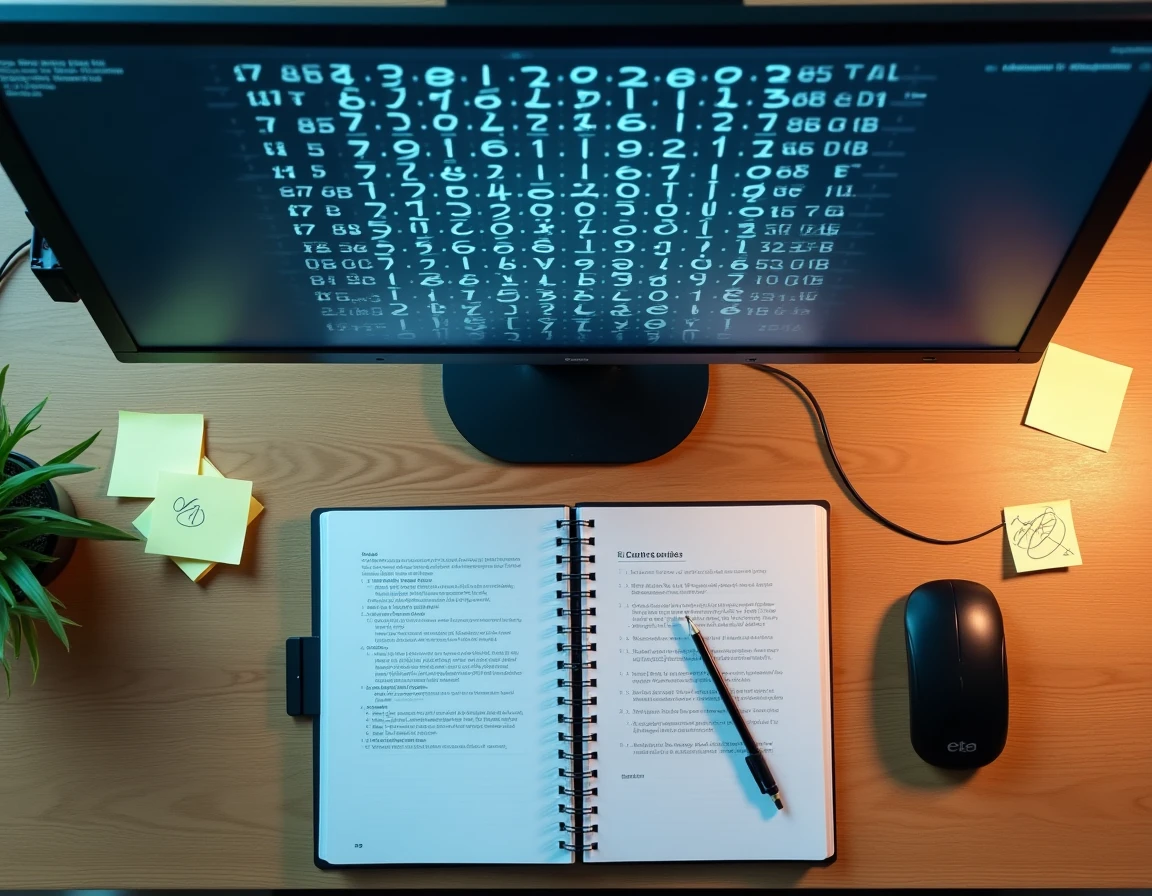 Vue de dessus d'un bureau avec une grille de Démineur complexe affichée sur un écran et des notes de stratégie manuscrites