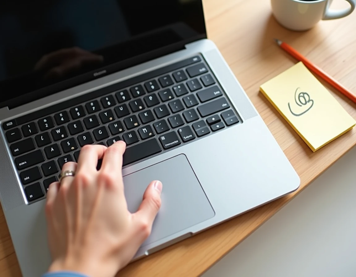 Vue en plongée d'un clavier Chromebook avec une main appuyant sur une combinaison de touches pour écrire l'arobase