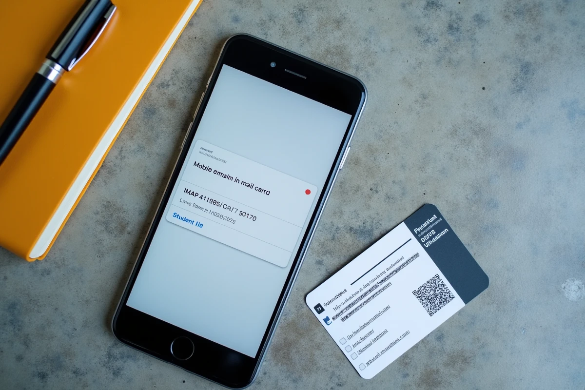 Vue de dessus d'un smartphone affichant la configuration IMAP de la messagerie Zimbra Unicaen avec accessoires étudiants
