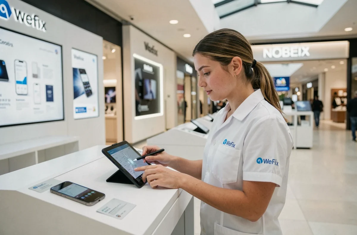 Technicienne WeFix en uniforme blanc effectuant un diagnostic de smartphone dans un kiosque de réparation en centre commercial à Vannes