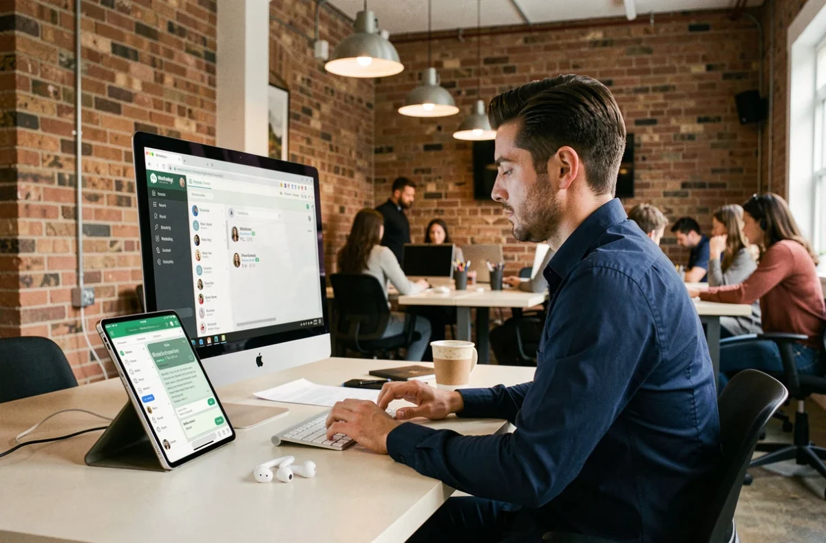 Homme utilisant WhatsApp Web sur un ordinateur de bureau et une tablette dans un espace de coworking urbain