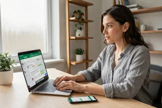 Femme utilisant WhatsApp Web sur un ordinateur portable et un smartphone en même temps dans un bureau à domicile moderne