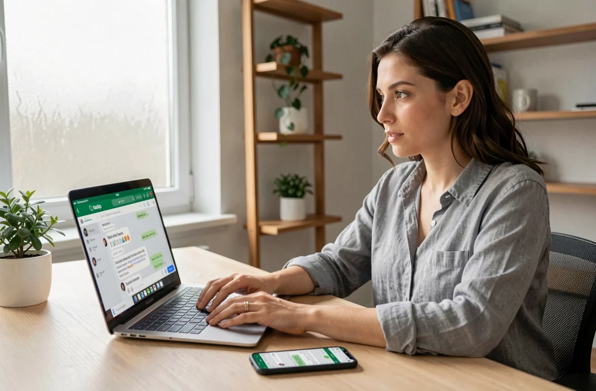Femme utilisant WhatsApp Web sur un ordinateur portable et un smartphone en même temps dans un bureau à domicile moderne