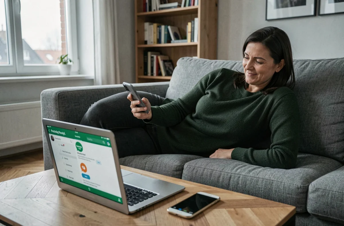 Femme consultant WhatsApp Web sur smartphone et ordinateur portable depuis son salon avec plusieurs appareils connectés